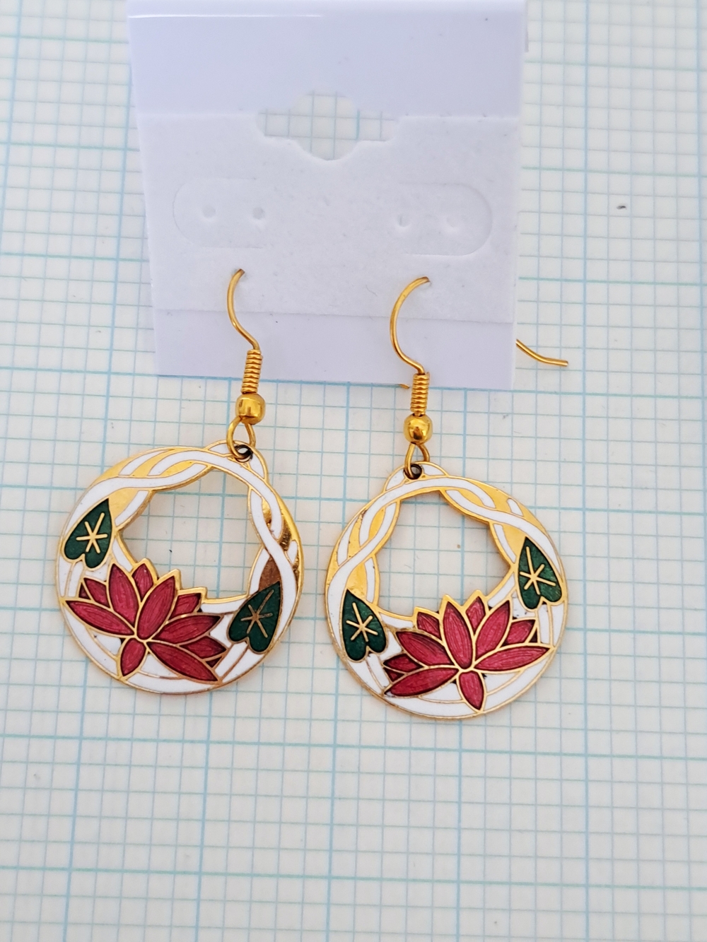 Gold-Tone White Red Lotus Cloisoinne Floral Drop Earrings